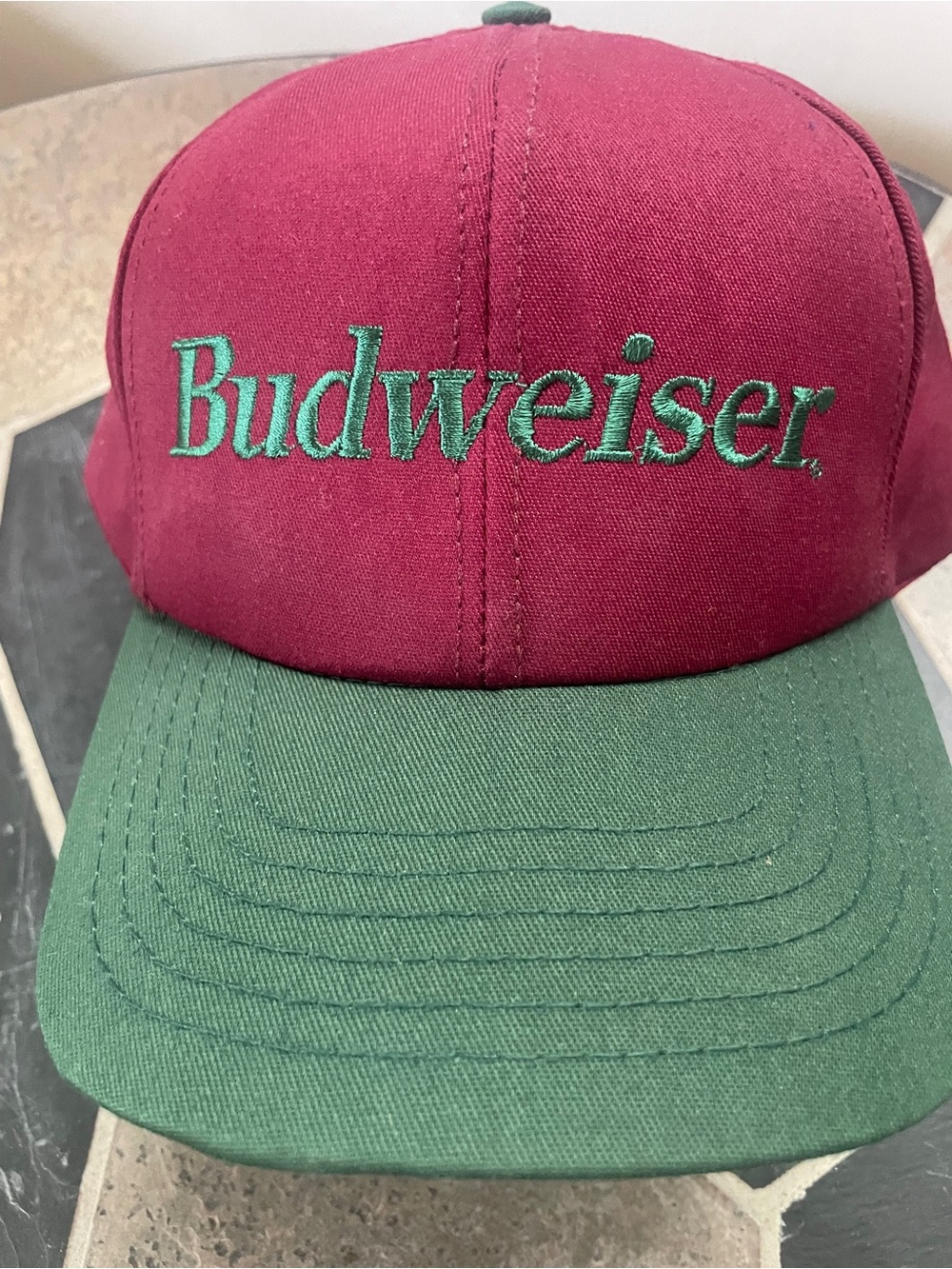 Budweiser Maroon Crown Green Brim Baseball Hat. NEW, NEVER WORN!